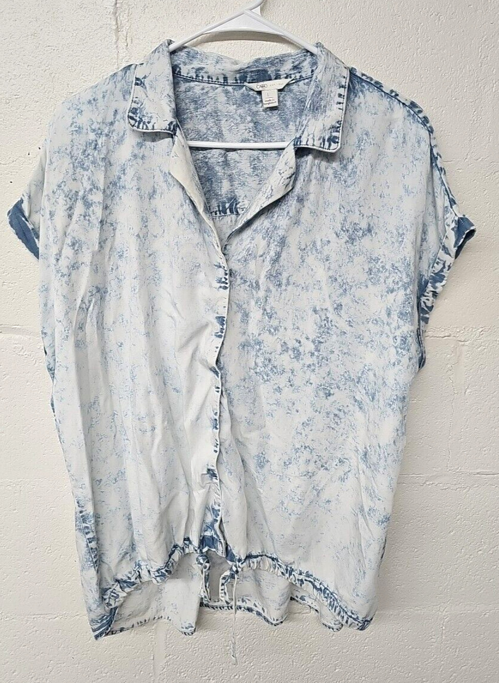 Cato Womens Blue Chambray Acid Wash Shirt Large Short Sleeve Top Tie Cinch